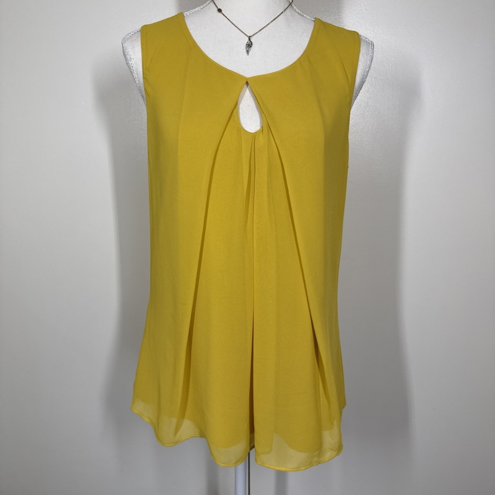 New York & Company Women's Sz Mustard Sleeveless Sheer Flowy Top Minimalist